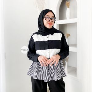 MONO TOP - FLOTTILICIOUS / Kemeja 2 tone casual / Katun Salur Stripe / Baju Murah / Casual Outfit Cewek Kekinian Hits Atasan Wanita Panjang