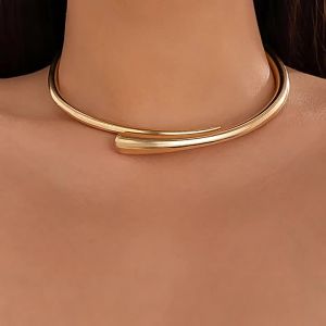 Unique Geometric Metal Glossy Spring Open Choker Bracelet Punk Simple Necklace for Women choker