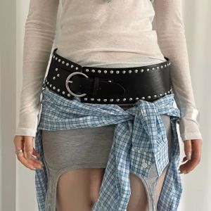 XUANY Punk Style Wide Womens Belt Gothic Designer Dress Jeans Belt Heavy-Duty Y2k Rivet Waist Belt Streetwear
