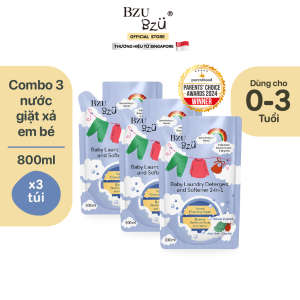 Combo 3 Túi nước giặt xả vải em bé 2 mềm mại không xà phòng BZU BZU 800ml