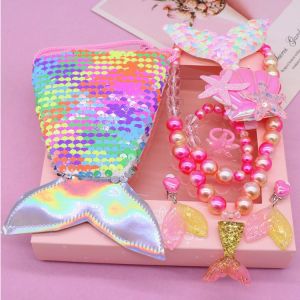 Kids Cartoon Mermaid Jewelry Set Necklace Earrings Ring Bracelet Hairpin with Gift Box for Girls
