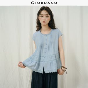 Giordano Women Lace inset frill round neck cap sleeve blouse Free Shipping 18346225