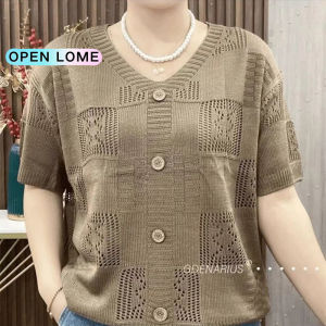 Womens Hollow Short Sleeve Knitted Blouses & Shirts Casual V-neck T-shirt New Fashion All-match Loose Top