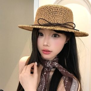 GOXBERK With Bow Straw Boater Hat Sun Protection Breathable Mesh Handwoven Sun Cap Hollow Weave Sunshade Exquisite Craftsmanship Flat Top Beach Hat Beach Vacation