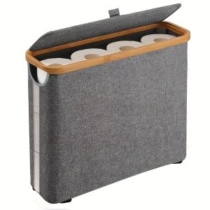 Large Capacity Toilet Paper Holder with Lid | Foldable Space Saving Wood Frame with Gray Fabric End Modern Home Organization Essential Durable No Installation Required Toilet Paper Storage Containers