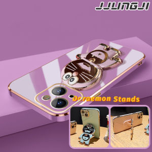JJLINGJI Casing Ponsel untuk iPhone 15 Pro Max 15 Plus Case HP pola Doraemon tepi mewah Plating Kesing silikon Softcase kamera Casing Phone Stands