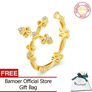 BAMOER Retro Pattern Cross Adjustable Finger Ring for Women 925 Sterling Silver Vintage Flower Rings Silver BSR041