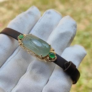 High Premium Quality Natural Type A Jadeite Jade with 3 cabochons set on 18k gold with diamonds as wrist bracelet or pendant certificate weigh 4.39 grams (18kpw4)