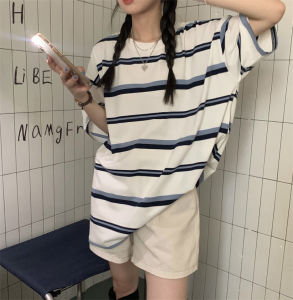 Kaos Wanita Lengan Pendek Kerah Bulat Garis-garis Atasan Longgar