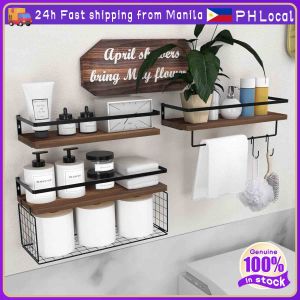 3Layers Wooden Rack Organizer Shelf with Towel Bar Rustproof Adjustable Shower Rack Hanging Bathroom Storage Rack Floating Shelves Wall Mounted Wooden Black Shelves Bar Wall Shelf Cabinet Organizers Aluminum Shower Organizer Shampoo Towel Holder