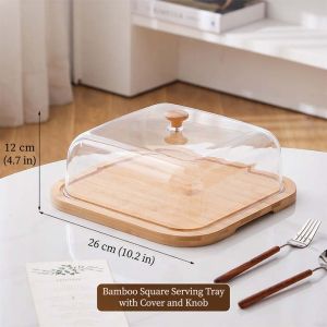 Portable Acrylic Cake Box Square With Wooden Tray Cover For Picnic Outdoor BBQ Travel Keep Fresh Bekas Kek