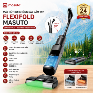 Máy Hút Bụi Lau Nhà Không Dây Cầm Tay Masuto FlexiFold 2 Trong 1 Lực Hút 15000Pa Tự Giặt Sấy Con Lăn