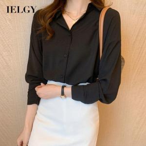 IELGY womens korean style long sleeve loose plus size solid color chiffon shirt