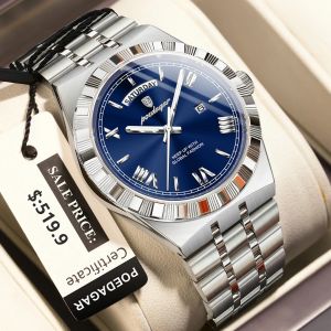 【With Watch Box】 POEDAGAR Fashion Men Watches Luxury Man Wristwatch Chronograph Date Stainless Steel Strap Men Watch Fashion Waterproof Luminous Mens Quartz Watches 675G