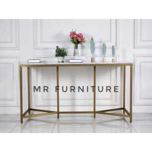 Meja Konsul Top Marmer Putih Carrara Kaki Stainless Gold Doff