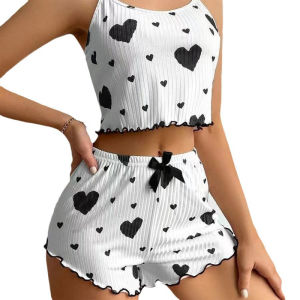 Women Pajama Set with Heart Shorts Sleepwear Night Wear White Ventilate Soft Casual Love Printing Top and Shorts Loungewear