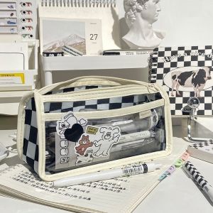 Double-layer Transparent Checkerboard Pencil Case Large Capacity Black Pencil Case Korean Style Students Pencil Case Storage Bag School Stationery