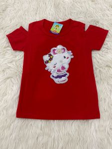 kaos atasan oblong model sabrina anak perempuan jahit aplikasi boneka hello kitty bulu nari - pakaian baju t-shirt distro anak cewek model sabrina hello kitty bludru hawai 1 - 10 thn