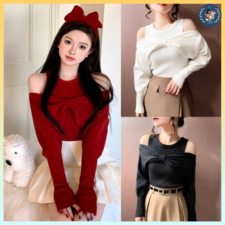 💥[A396] Set 2 ÁO len nữ Montoghi dệt kim 3 LỖ kèm NƠ BẸT VAI tay dài ...