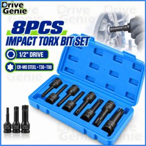 8PCS 1/2" Drive CR-MO Impact Torx Bit Socket Set T30 T40 T45 T50 T55 T60 T70 T80 Heavy Duty Spline Allen Socket for Manual & Pneumatic Impact Wrench