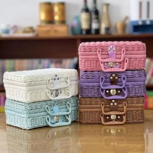 JUTBONG Retro Rattan-like Finishing Box Household Straw Cosmetic Storage Box  with Hand Woven Rattan Basket