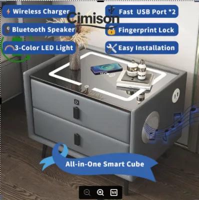 Cimison All-in-One Smart Nightstand with Wireless Charging & Bluetooth Speaker Modern Bedside Table with LED Light Luxury Storage for Bedroom
