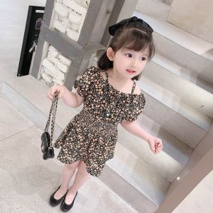 Girls Dress Summer 2024 Fashionable Girl Baby Flower Princess New Childrens Bubble Sleeves Fashion