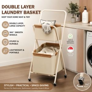 2-Tier Household Dirty Clothes Storage Basket Classification Laundry Basket with 360° Wheels Minimalist Storage