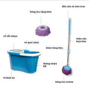 Bộ lau nhà 360 tự vắt thông minh lồng nhựa xoay rất nhẹ vắt khô sạch cây inox bông sợi Microfiber siêu sạch bám thấm hút tốt bộ gồm cây lau nhà tự vắt 360 kèm thùng và bông lau