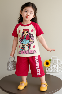 Baju Setelan Roblox Anak Perempuan–Kaos Lengan Pendek+Celana Pendek Katun Adem Usia 3 Bulan-10 Tahun