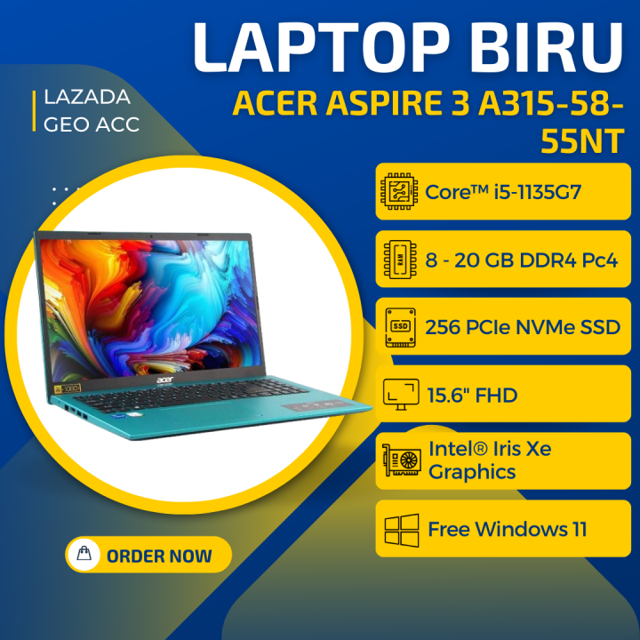 ACER LAPTOP ACER WARNA BIRU LUCU ACER ASPIRE A315-58-55NT CORE I5-1135G7 RAM 12GB SSD 256GB SLOT HDD FHD ELECTRIC BLUE FREE