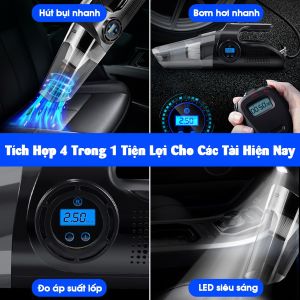 Máy Hút Bụi Cầm Tay Kèm Bơm Lốp Ô Tô Đa Năng Cao Cấp 4 Trong 1- Bơm Lốp Xe Cao Cấp Đồng Hồ KimĐồng Hồ Điện Tử Tự Ngắt