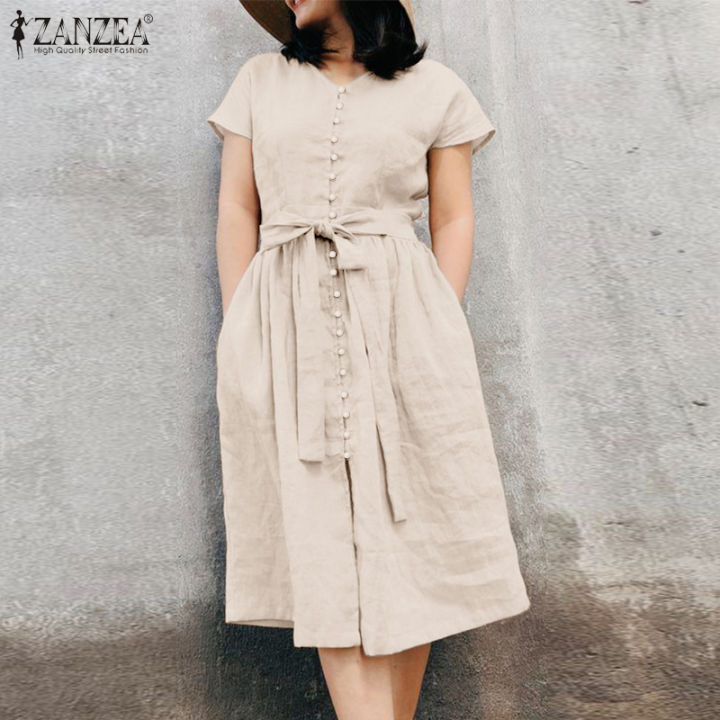 ZANZEA Women's Dresses Vintage Casual Cotton Linen Short Sleeve V