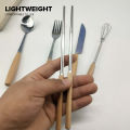 Locaupin Tableware Wooden Handle Stainless Steel Cutlery Spoon Two Prong Fork Knife Chopsticks Teaspoon Dinner Dish. 