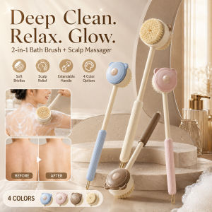 2 in 1 Deep Cleaning Bath Brush Body Scrubber Long Handle Shower Brush Back Scrubber Gentle Exfoliating Brush Shampoo Comb Skin Cleansing Massage Tool Bathing Accessory