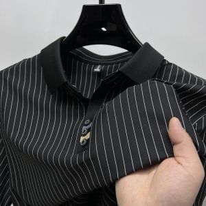 NCE Vertical striped ice silk short sleeved mens slim fit lapel summer thin youth polo shirt mens half sleeved trendy top