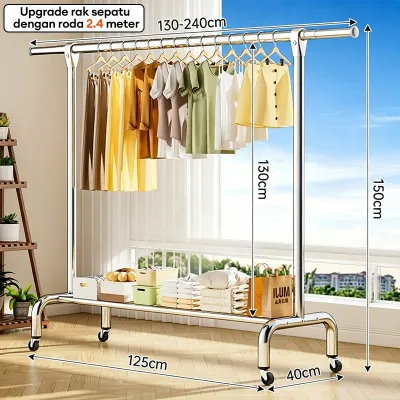 Jemuran Baju Stainless Adjustable Rak Pakaian dengan Roda Anti Karat Stand Hanger Baju Minimalis