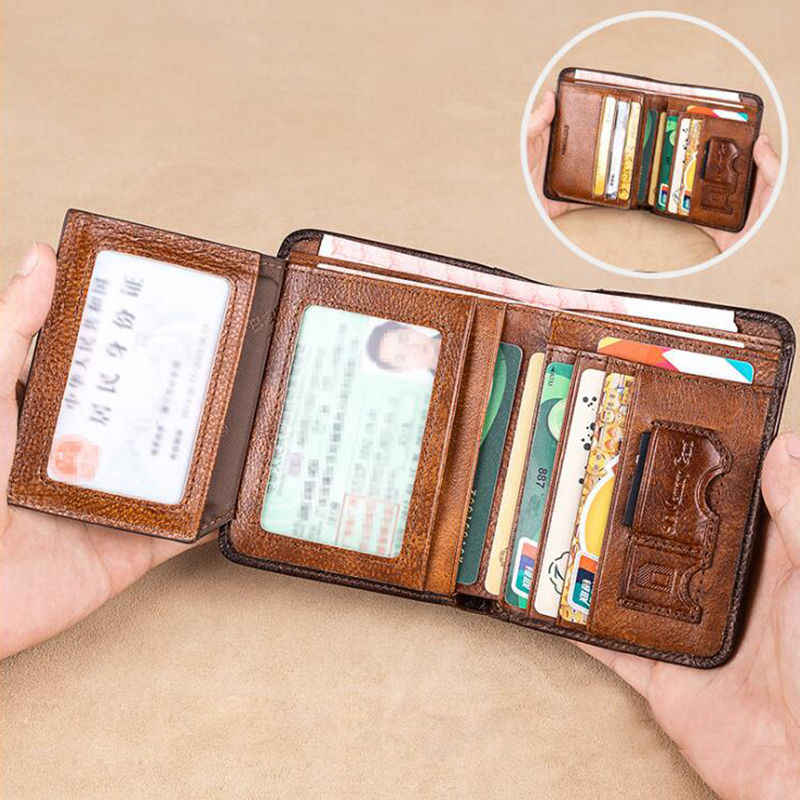 BANYANU Vintage Style Genuine Cow Leather Credit Card Holder Three Folding RFID Protective Wallet For Men. 
