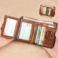 BANYANU Vintage Style Genuine Cow Leather Credit Card Holder Three Folding RFID Protective Wallet For Men. 
