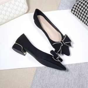 Korean Black Shoes with Heels Fashion Bowknot Pointed Toe Office Close Shoes for Women