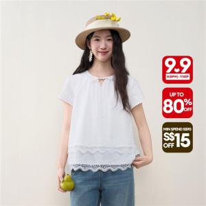 Giordano Women Shirt Double-Hem V-Neck Lace Spliced Tie Short-Sleeve Oversized Non-Stretch Free Shipping 18346513