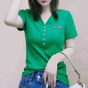 100KG Fat Girl Can Wear Internet Celebrity Summer Women Clothes New Style Short Sleeve T-shirt Stripe Avocado green Sport Casual Stretch Bottoming shirt Lady V Neck Tops