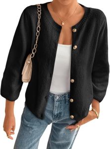 Cicy Bell Womens 3/4 Puff Sleeve Cardigan Sweater Fall Trendy Casual Button Up Loose Fit Cropped Knit Sweaters