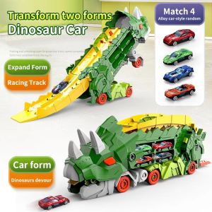 YUNLEO Kids Transformed Dinosaur Truck with Sliding Race Track Transforms into Standing T-rex Die-cast Toy Cars (Green)