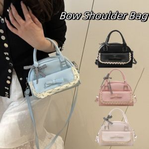 CRNGW ริบบิ้นลูกไม้ กระเป๋าถือบอสตัน หนัง PU ซิป กระเป๋าสะพายไหล่โบว์ แฟชั่น แบบเกาหลี กระเป๋าโบว์ลิ่งแบบสะพายข้าง ผู้หญิง