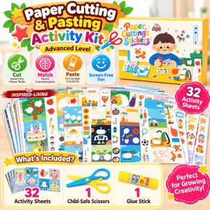 Kids DIY Paper Cutting & Pasting Activity Kit 32 Sheets | Preschool Scissor Skills Fine Motor Learning Toy | Cut and Paste Craft Set