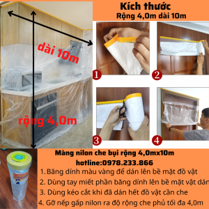 COMBO Cuộn Nilon che bụi đa năng khổ lớn rộng 40m dài 10m che bụi bảo vệ nội thất chống ẩm mốc nội thất có 1 đầu dán dính tiện lợi