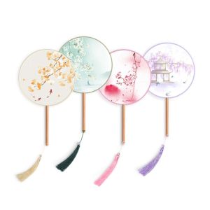 MISSUP วัสดุผ้าไหม ร่มมือกลมจีน ด้ามยาว ออกแบบงานปัก แฟนคลับการเต้นรำพู่โบราณ วินเทจ รูปทรงกลม ชุดกี่เพ้าแบบถัง การแสดงเต้นรำ