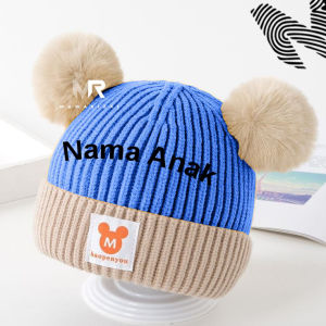 Kupluk Rajut Bayi Pompom Mickey Free Bordir Nama Laki Laki Perempuan