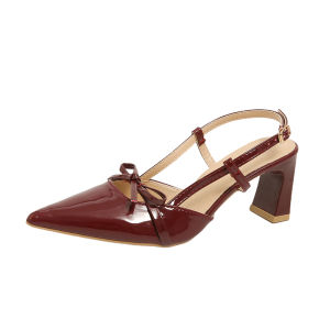 Venalisa ‌Elegant Leather Pointed Toe Chunky Heel Sandals for women with Bow Ankle Strap